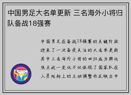 中国男足大名单更新 三名海外小将归队备战18强赛