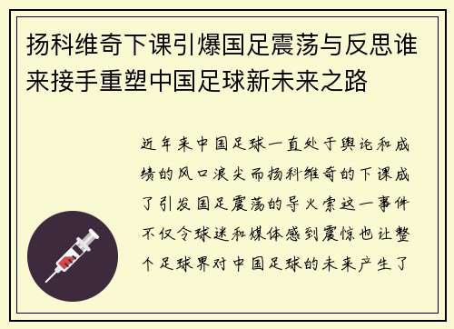 扬科维奇下课引爆国足震荡与反思谁来接手重塑中国足球新未来之路